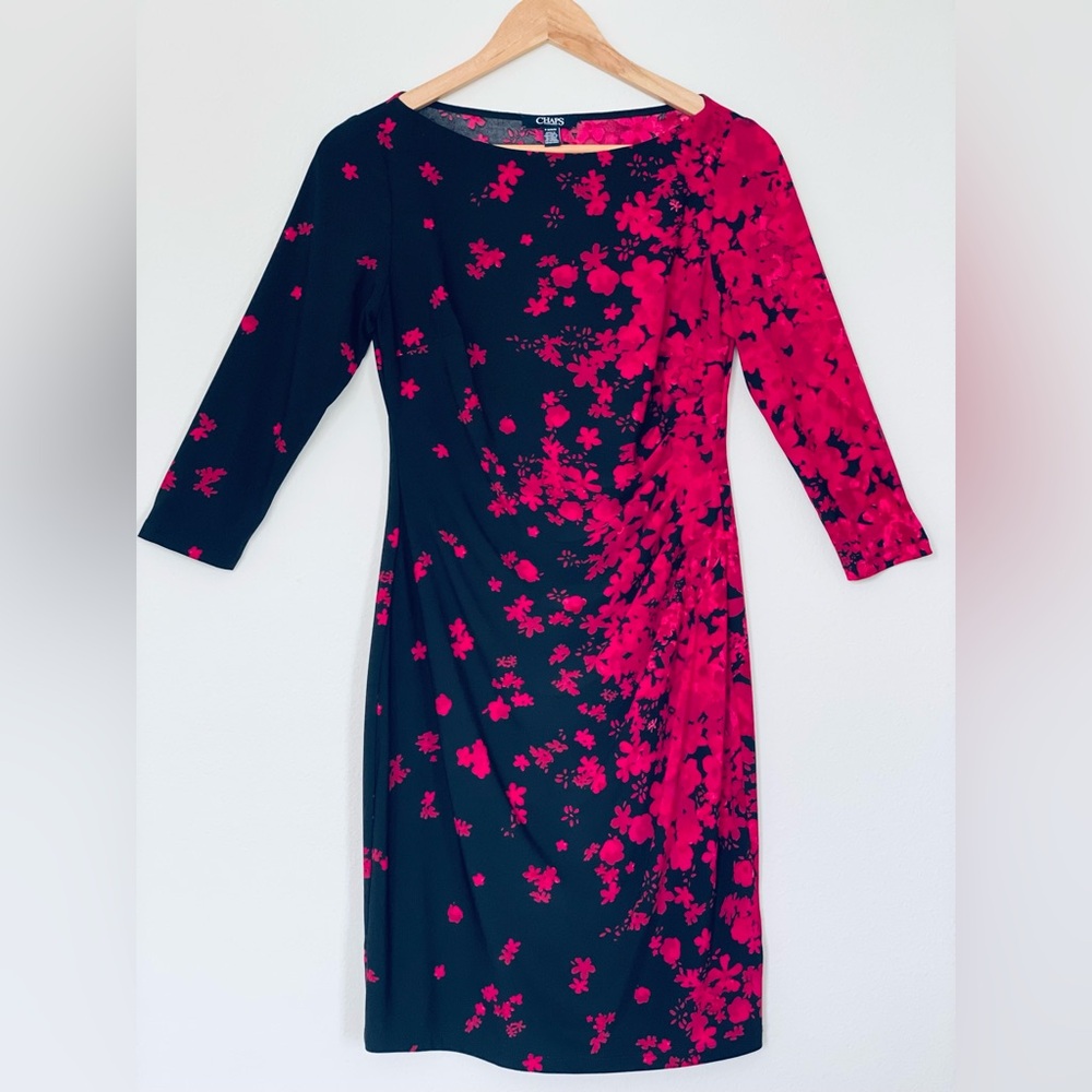 Chaps from Ralph Lauren Black and Pink Floral Long Sleeve Dress